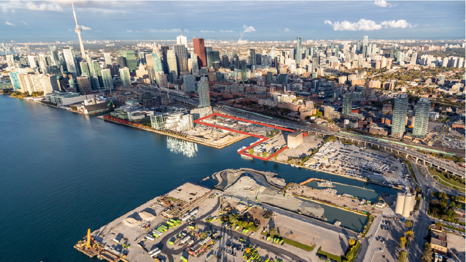 Toronto from above with Quayside site outlined in red.
