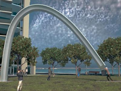 Artist rendering of a large arch as public art in a waterfront park.