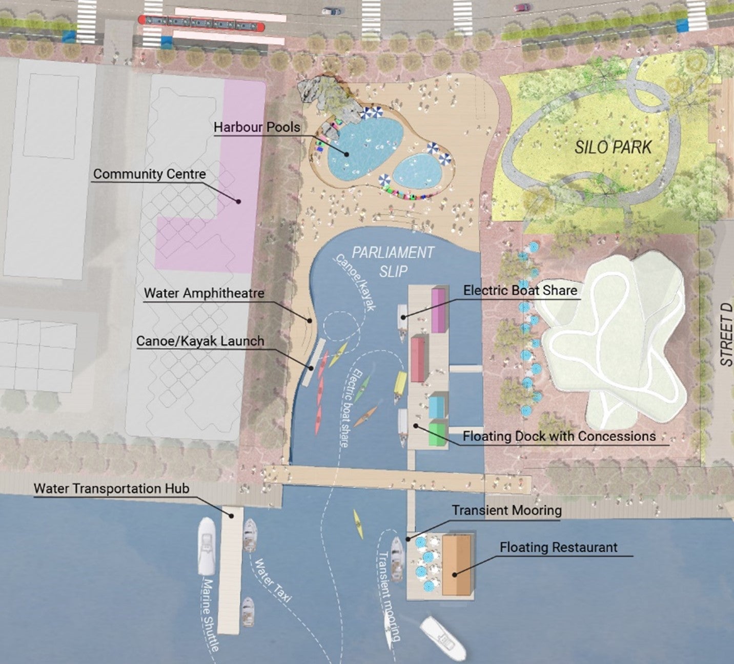 A diagram showing the features of the Parliament Slip - (1) Harbour Pools (2) WaveDeck and Canoe/Kayak Launch (3) Water Transportation Pier (4) Floating Dock