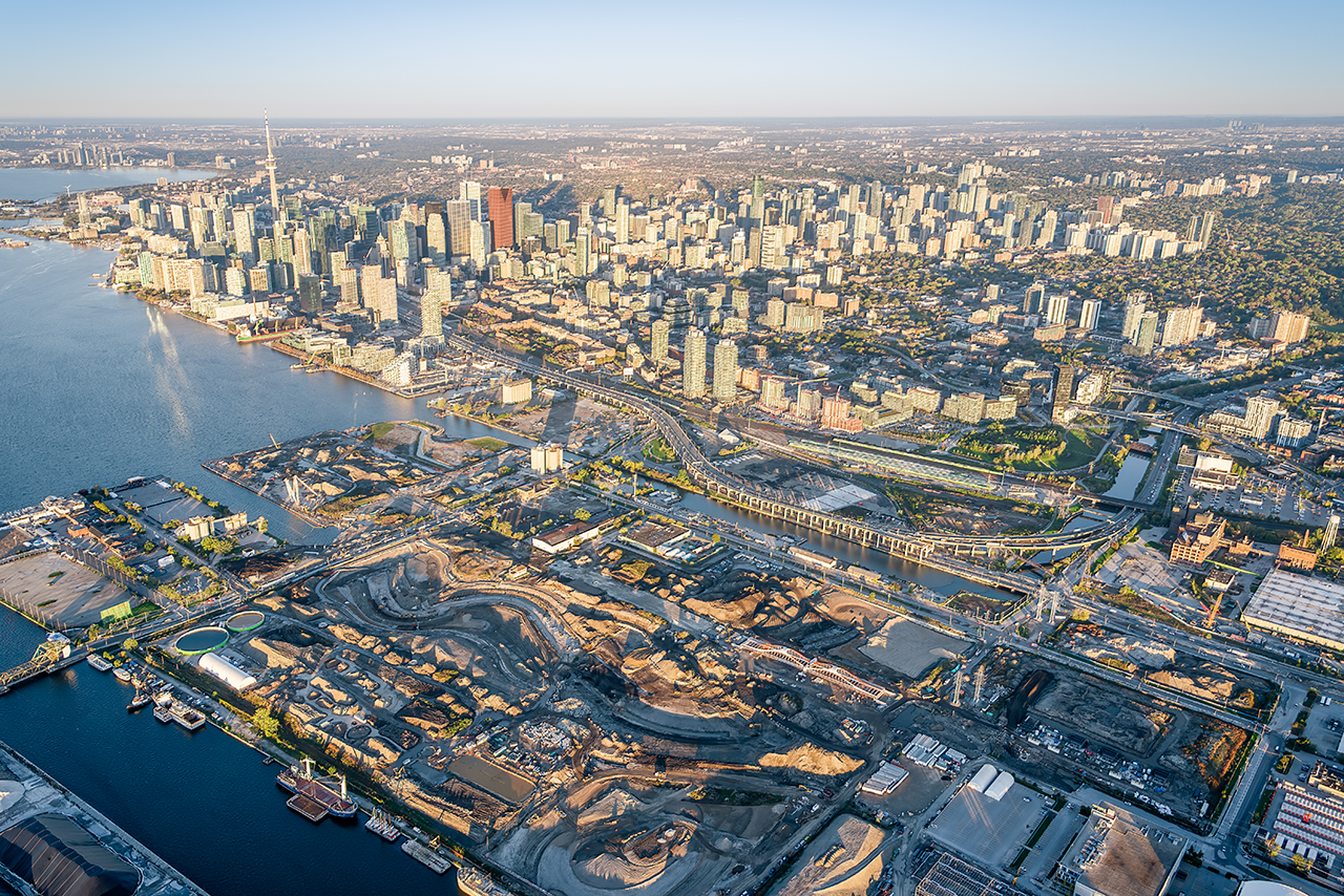 aerial view of the waterfront from above the Port Lands area