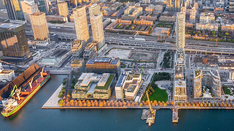 image of east bayfront sugar beach, corus building and george brown college
