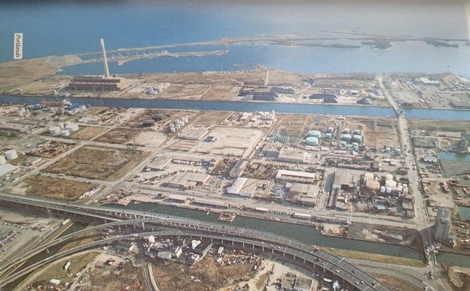 an aerial view of the Port Lands taken in the 1980s