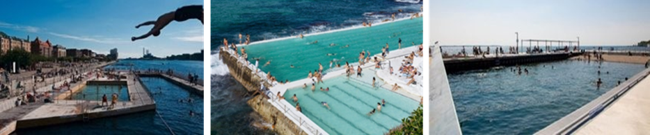precedent images showing outdoor swimming pools around the world