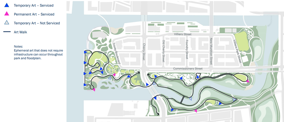a map showing the route and locations of temporary and permanent art installations in the future Port Lands art trail