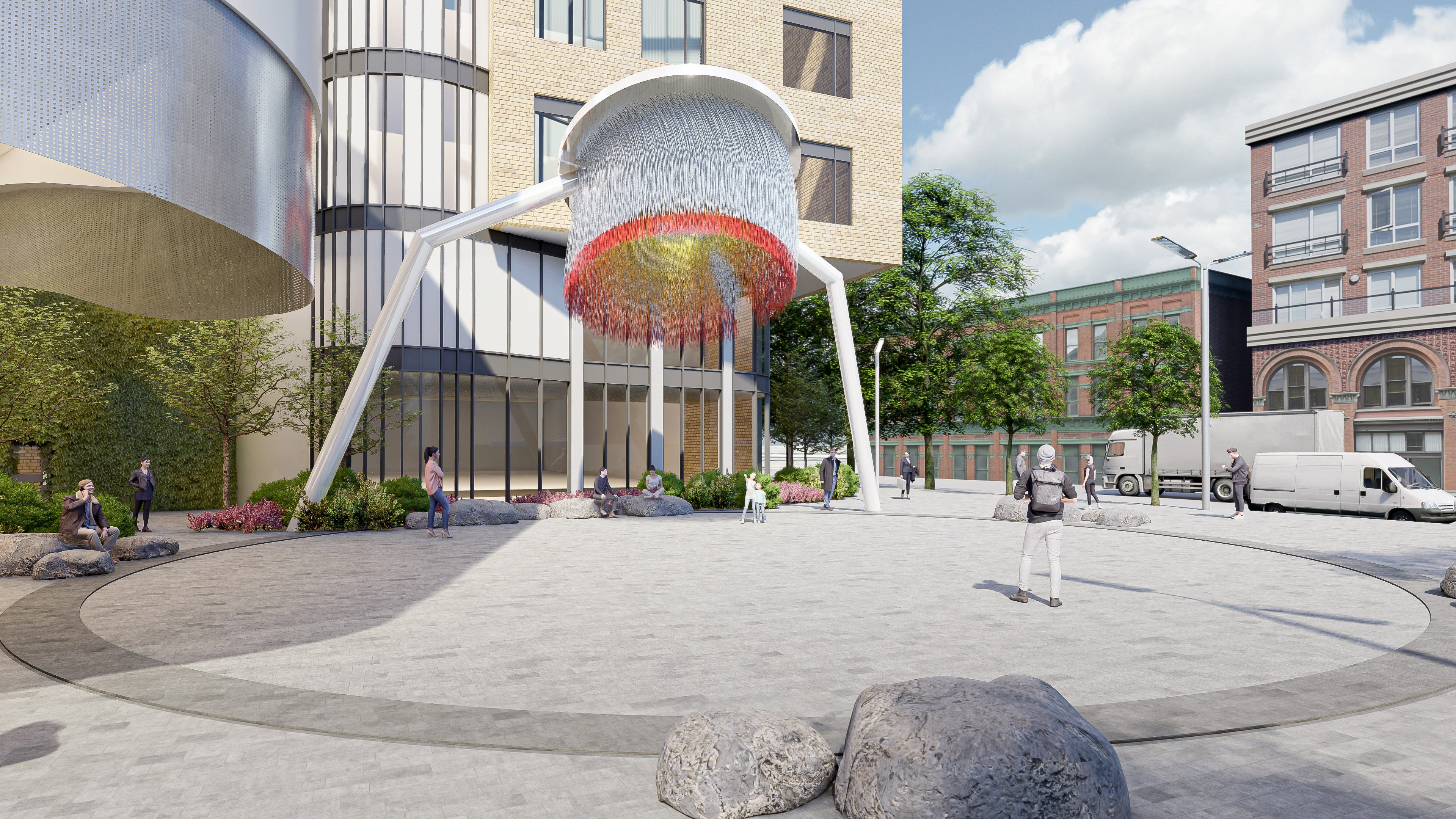 A rendering showing a public art sculpture on the exterior of a building