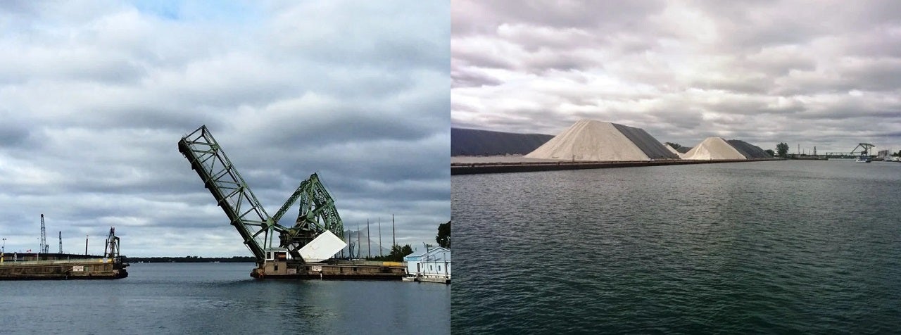 Side-by-side image of a bridge across the Ship Channel, and salt piles in the Port Lands.