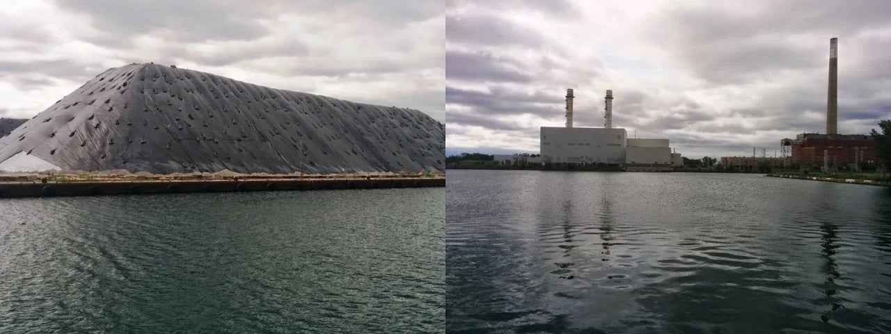 side-by-side of salt piles and industrial buildings in the Port Lands, viewed from the Ship Channel.