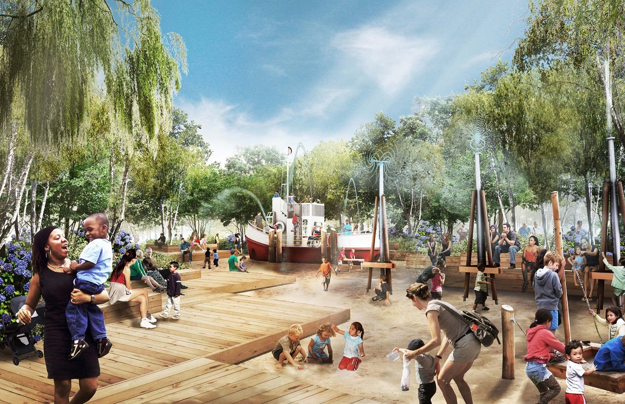 Children enjoying the sand and splash area of a park with a replica fireboat depicted in an artist rendering.