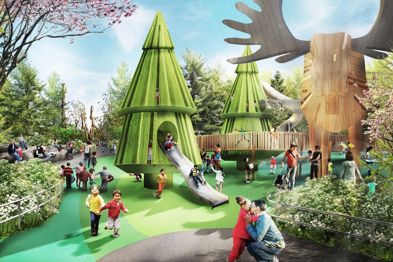 a park with a giant moose and playground structures depicted in an artist rendering
