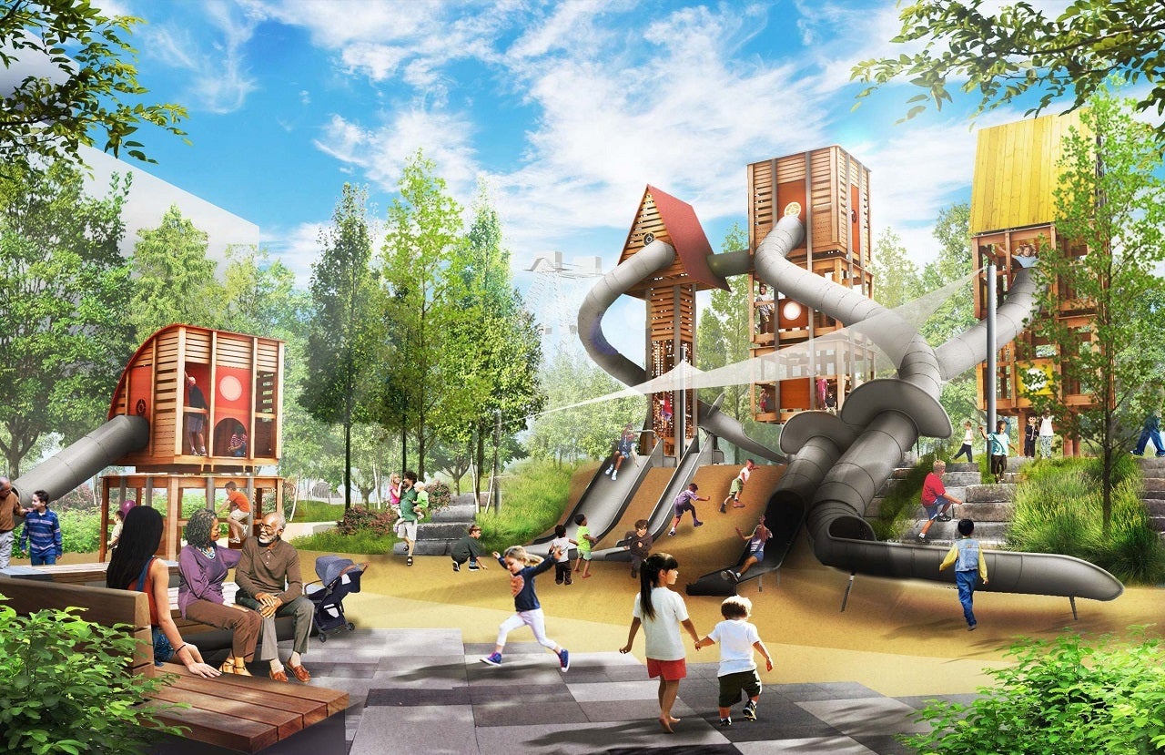 Children playing on play structures and a large tower lookout with slides depicted in a rendering.