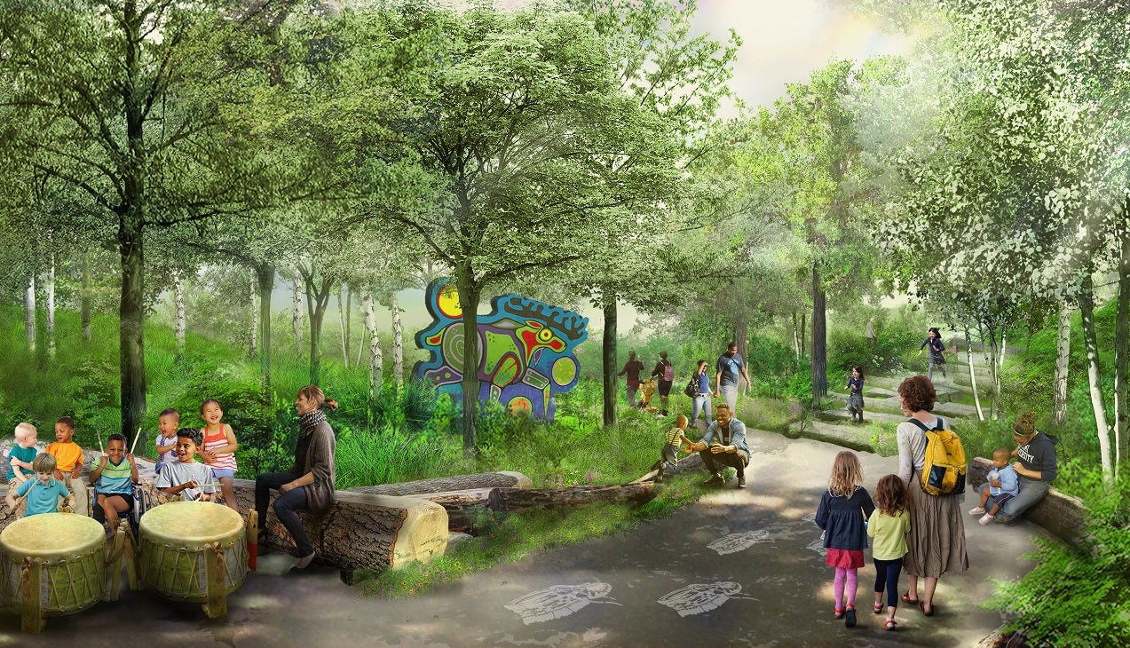 Rendering of a shaded trail and children playing drums and running outdoors