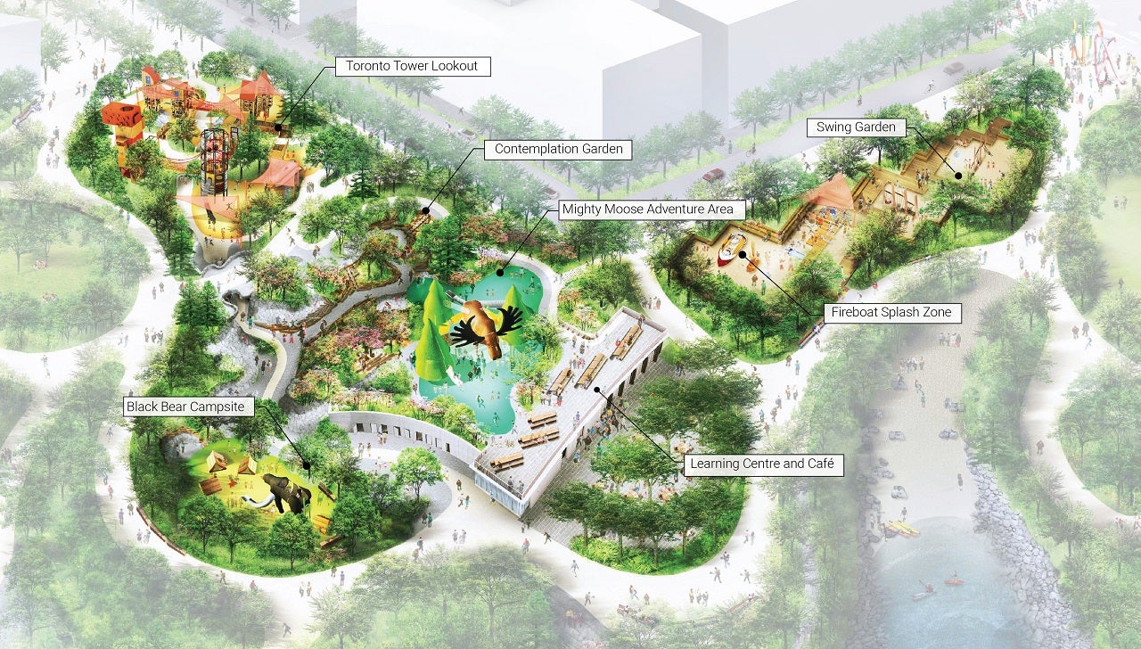 Aerial view rendering showing the future vision for a destination playground next to a river.