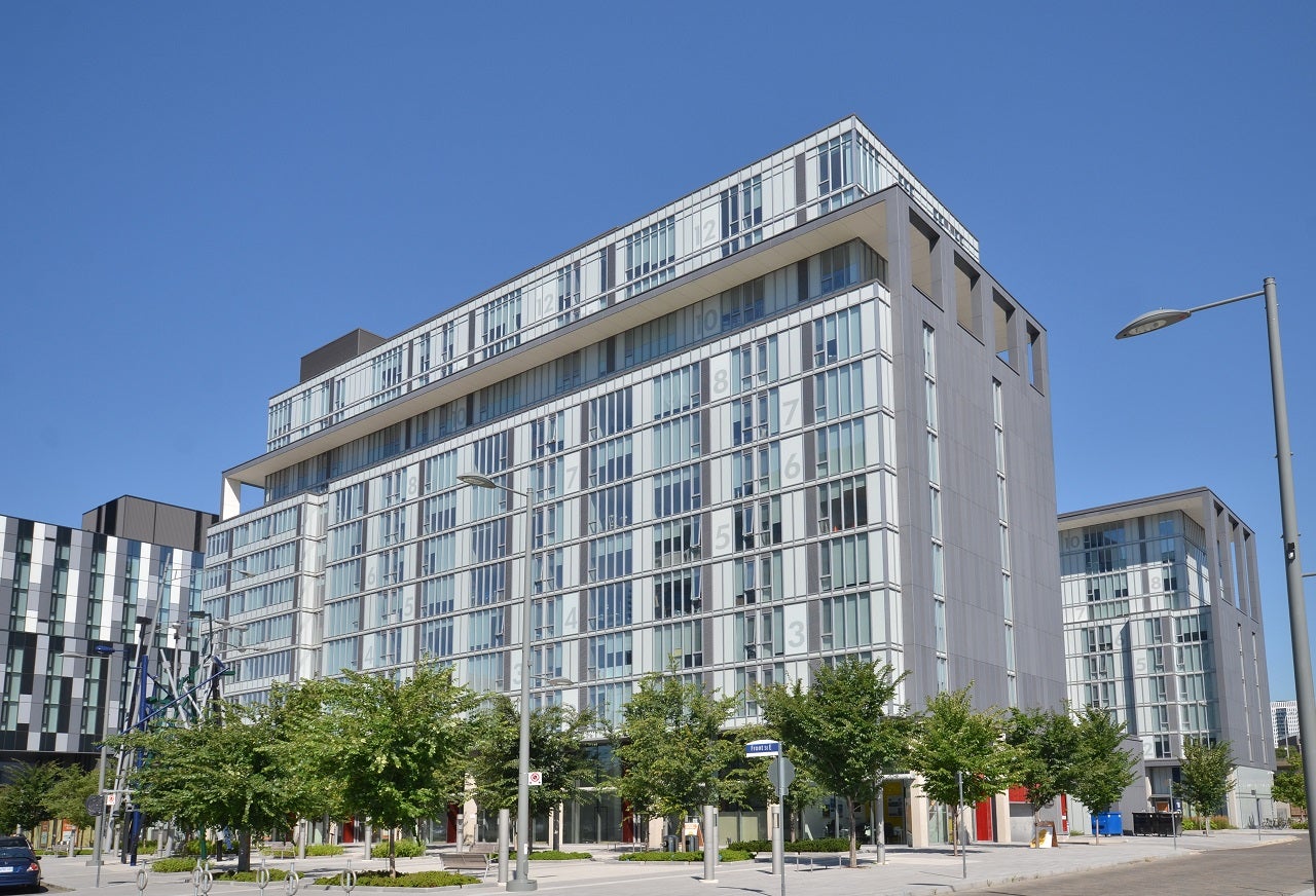 A photo of a building with skyline. 