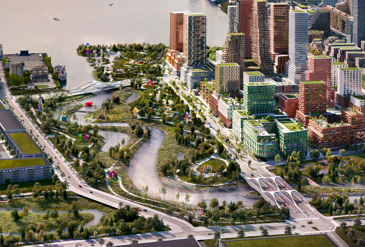 Aerial view of Lassonde Art Trail with buildings in the right and art trail on the left overlooking Lake Ontario. 