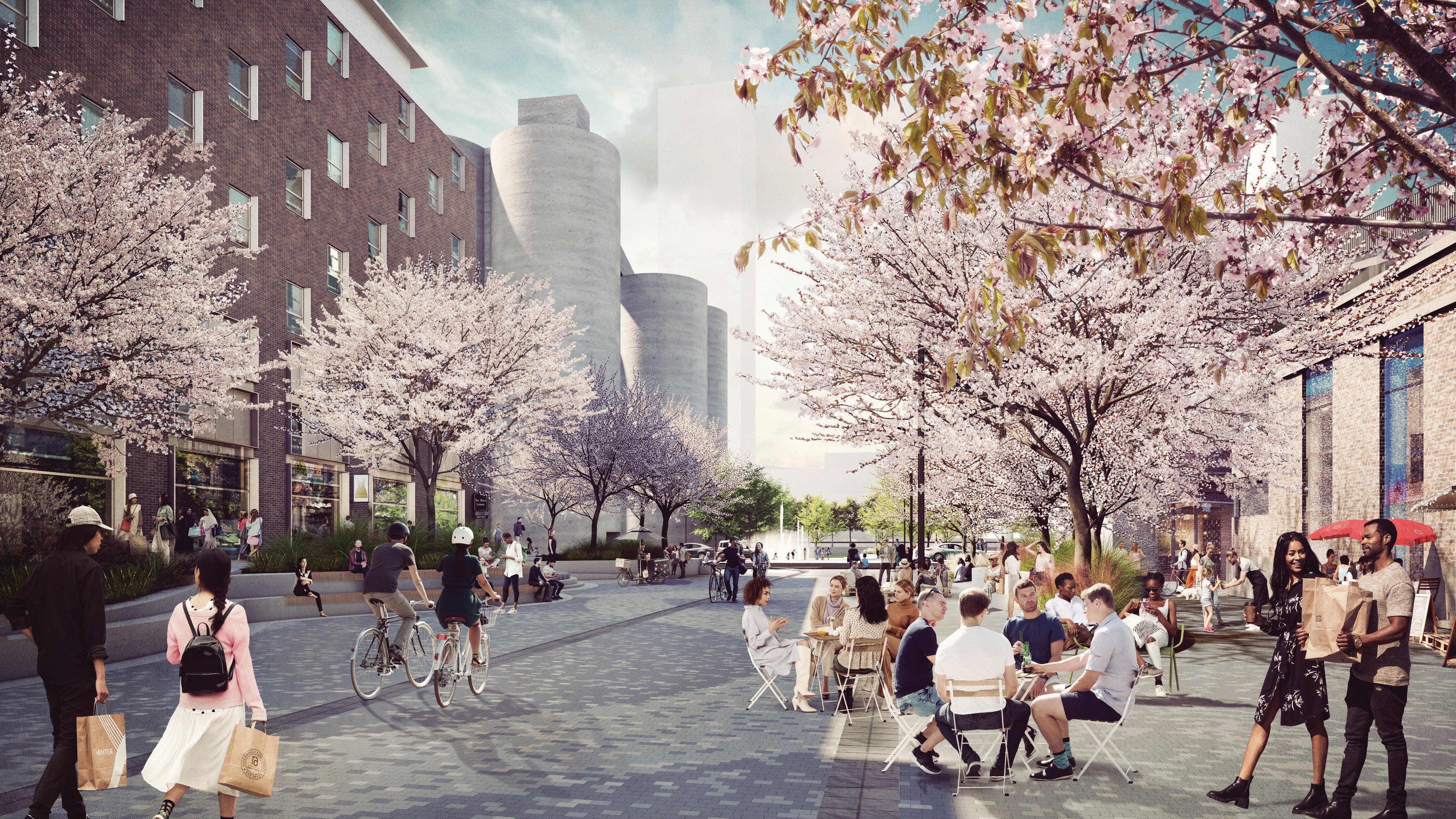 Rendering of a street with cherry blossom trees on the sides and promenade with people walking around in the middle.