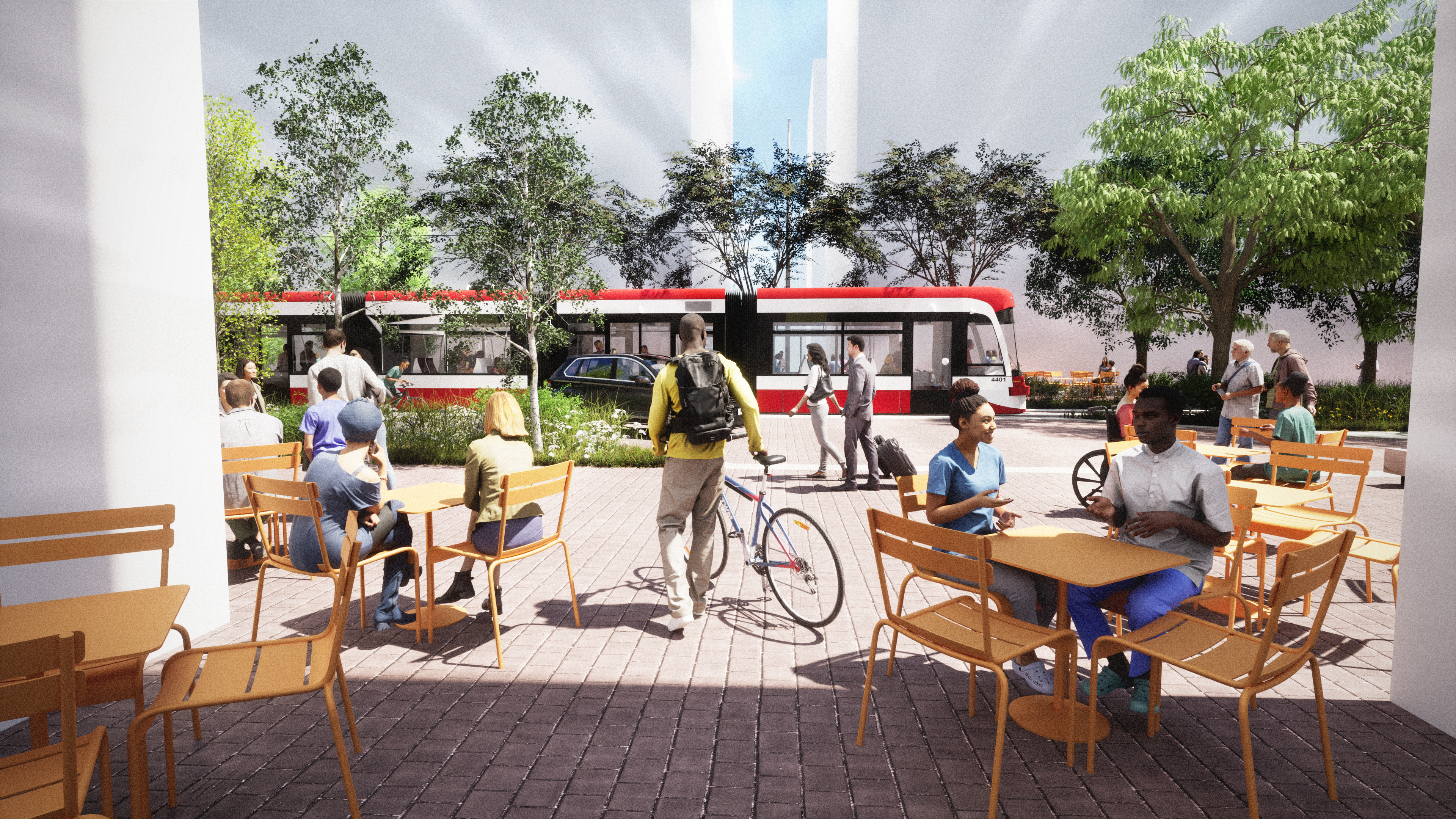 Rendering of a street with streetcar, people walking and with bikes, and table and chairs.