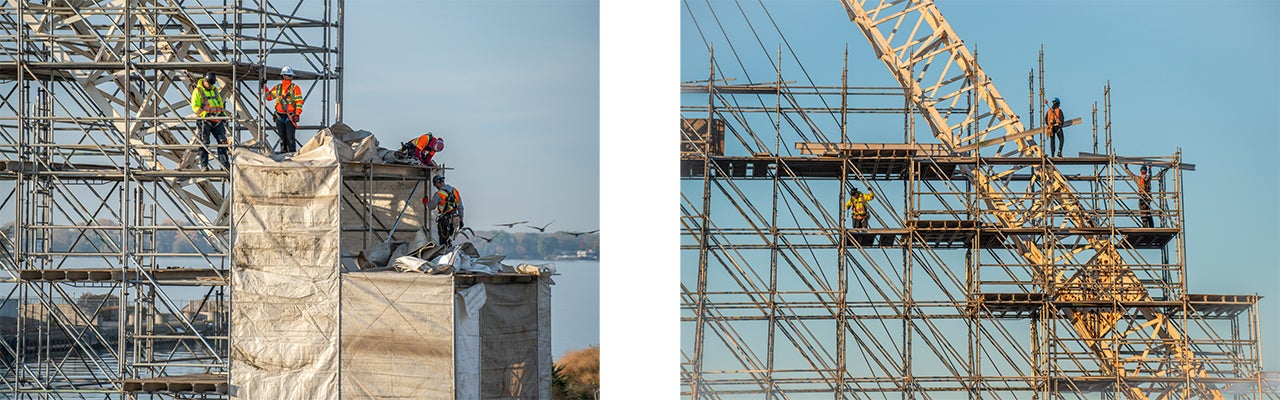 Photographs of construction workers working on a large metal crane structure.