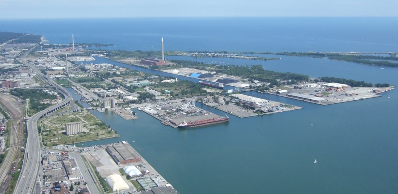 Aerial view of an industrial area on Toronto's waterfront.