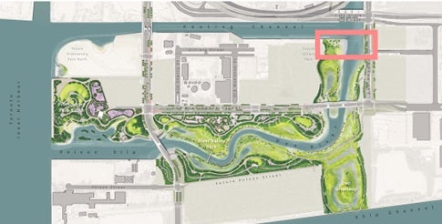 Rendered map showing where the "North Plug" is located in Toronto's Port Lands, right near the Lake Shore Bridge and the Keating Channel.