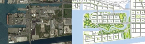 A side-by-side comparison aerial photo and rendered map of the Port Lands.