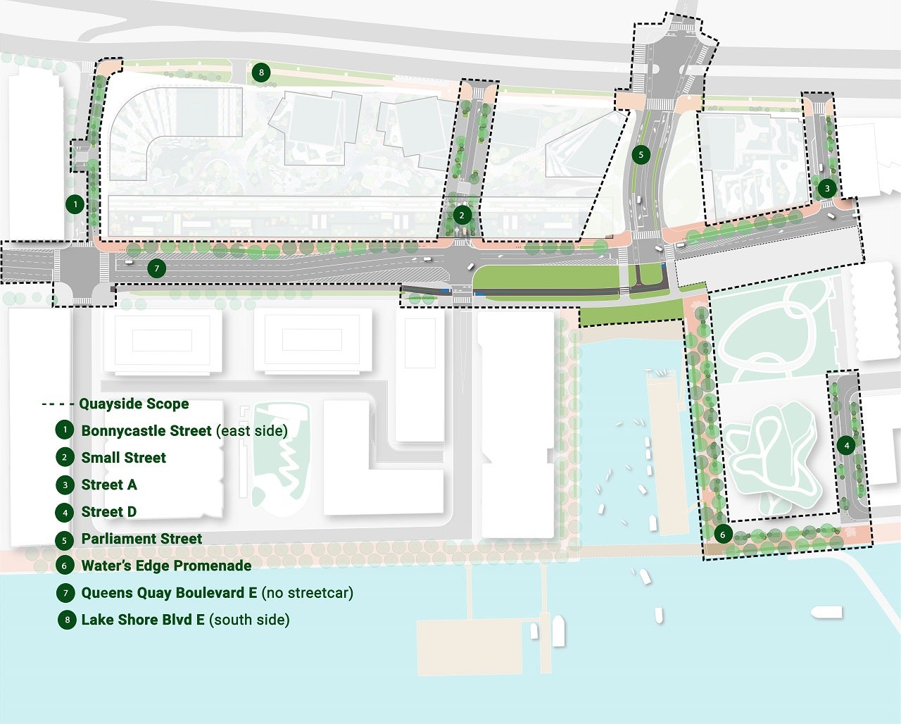 A map showing various destinations at Quayside.