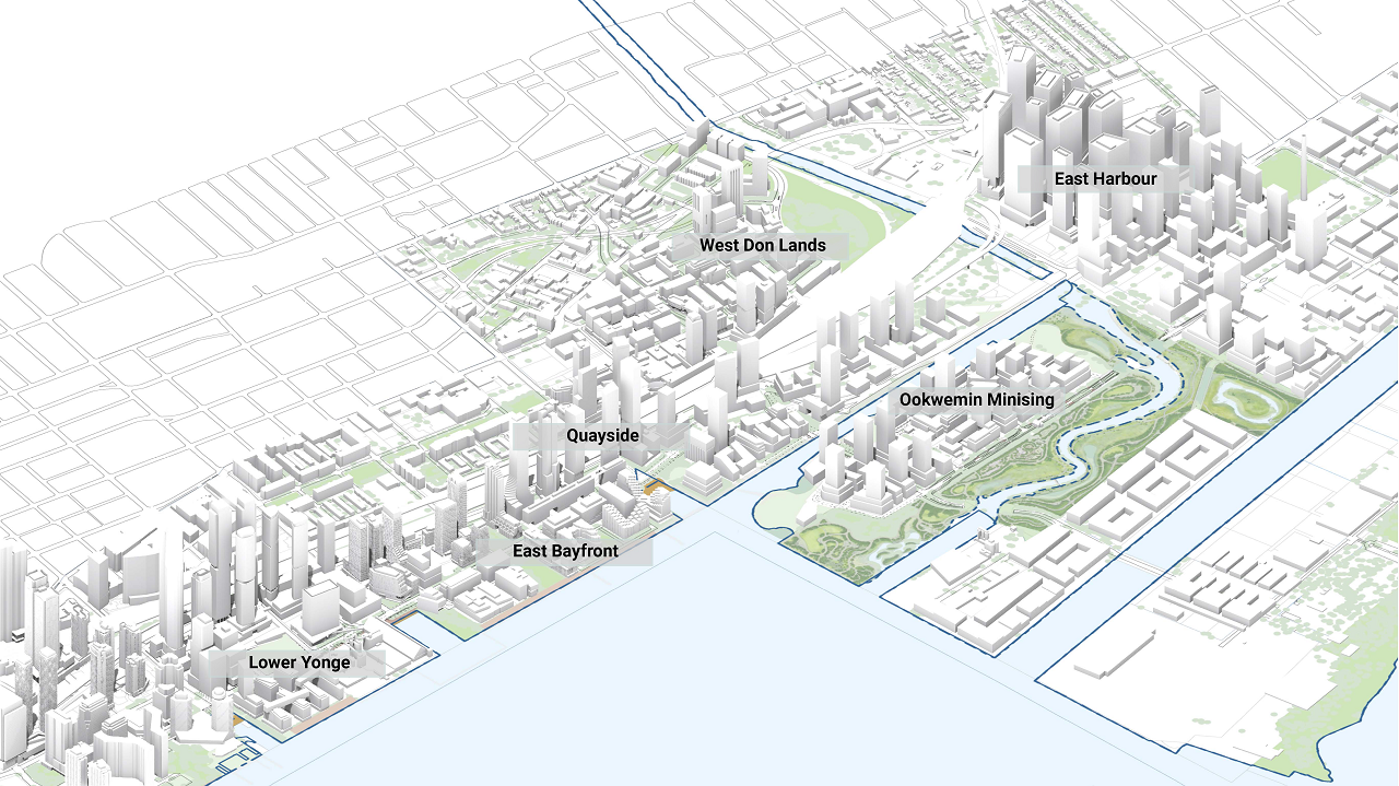 A map showing six destinations on Toronto's downtown waterfront, marked from left to right starting with Lower Yonge, East Bayfront, Quayside, West Don Lands, Ookwemin Minising and East Harbour.