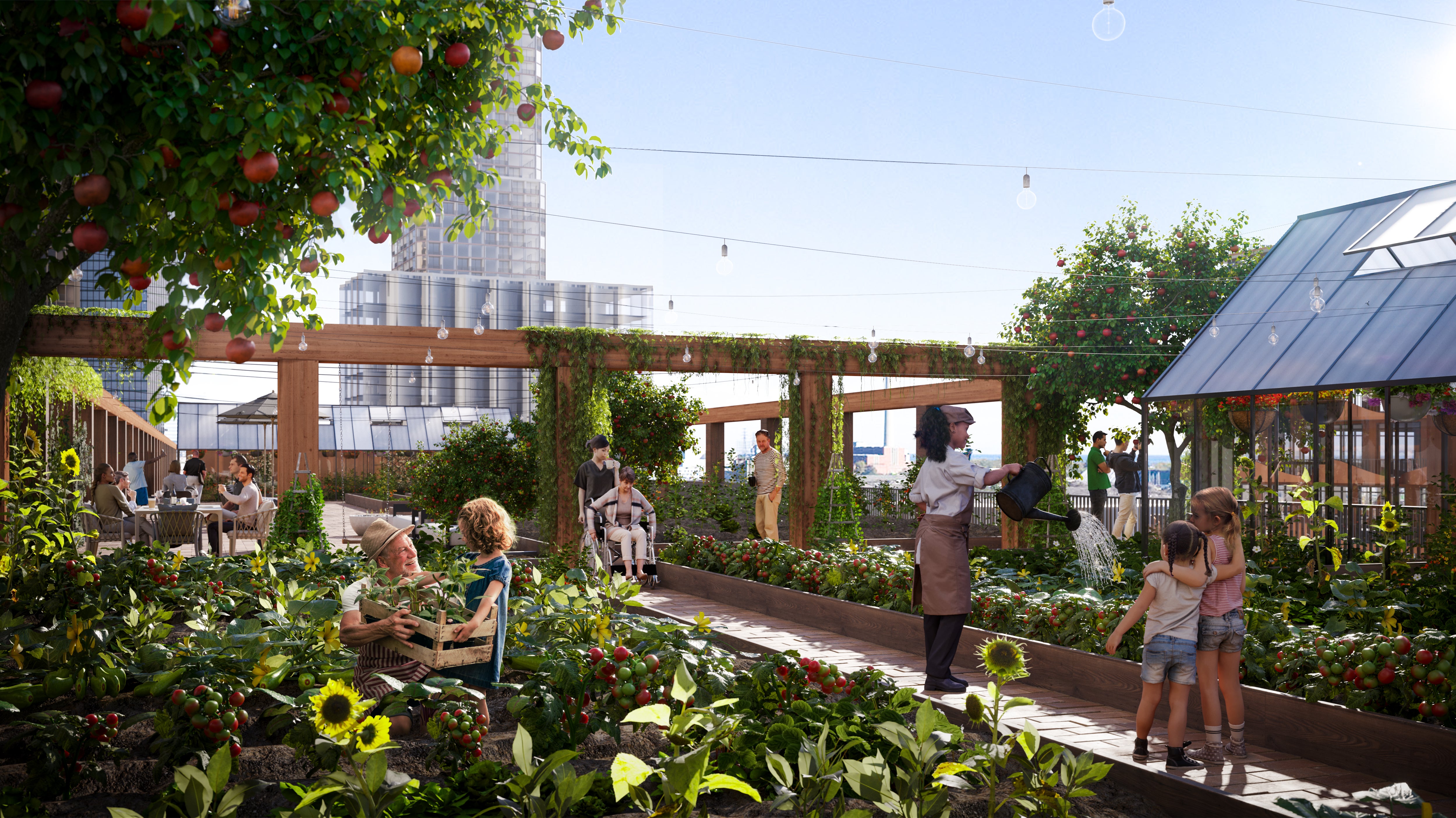 A rendering of a rooftop garden setting with several individuals engaged in different activities such as gardening, walking, and playing. The garden is lush with plants and equipped with modern facilities, including wooden pergolas and a greenhouse. It projects a community-friendly and sustainable urban environment.