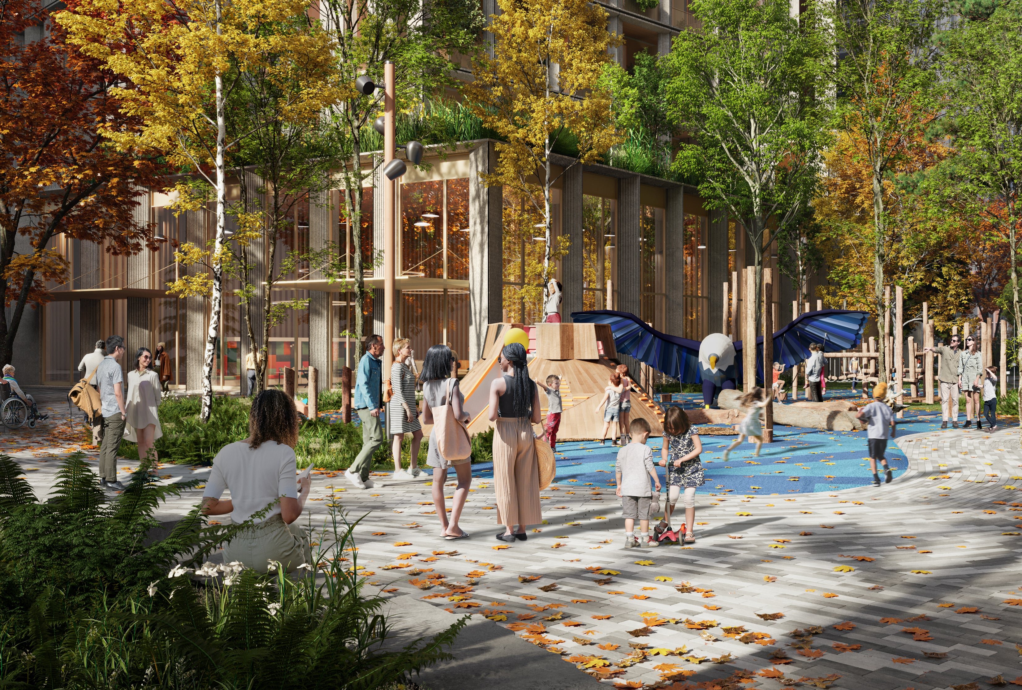 A rendering of a lively outdoor scene at a public park with various individuals interacting and enjoying the surroundings. The park features autumn-colored trees, scattered leaves on the ground, and play structures for children. Modern wooden architectural elements can be seen in the background.