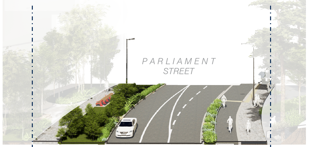 Rendering of a street labelled Parliament Street with walkway with people passing by on the right, plantings on the left and a car driving south on the left lane. 