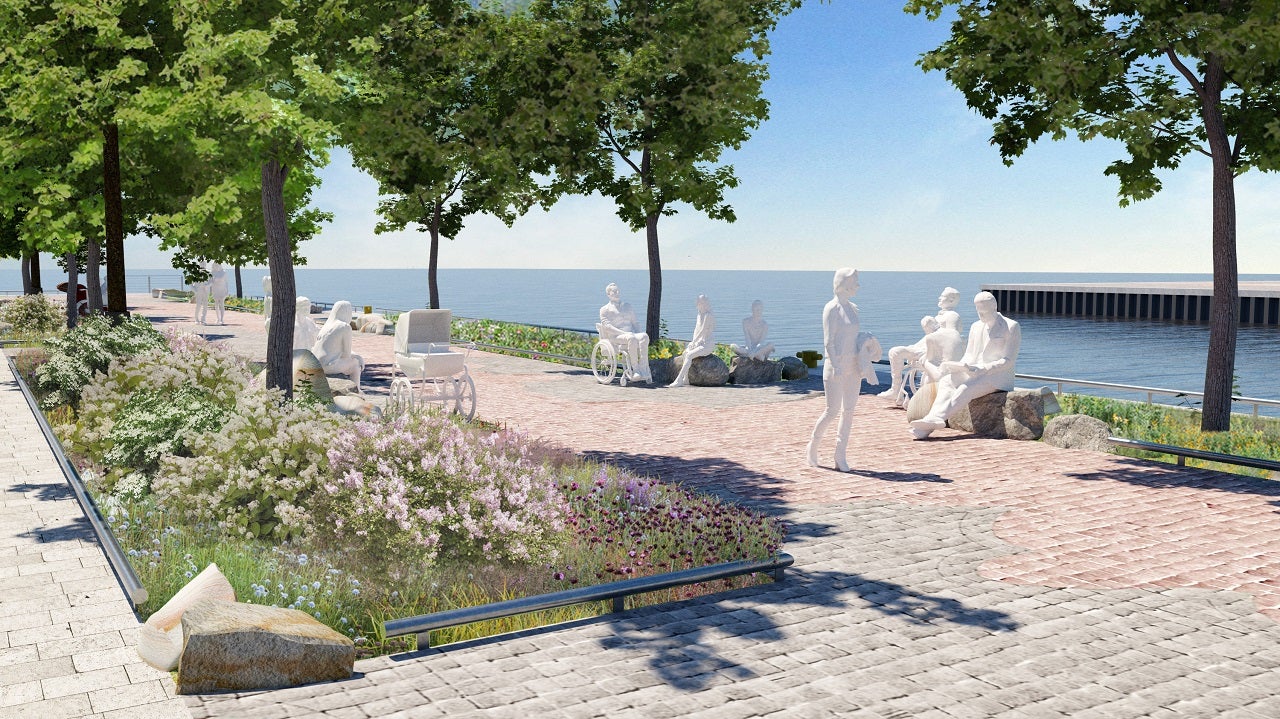 A representation of a walkway beside lake with trees on each side, seats for people to sit on and images of individual walking by and using the seating. 