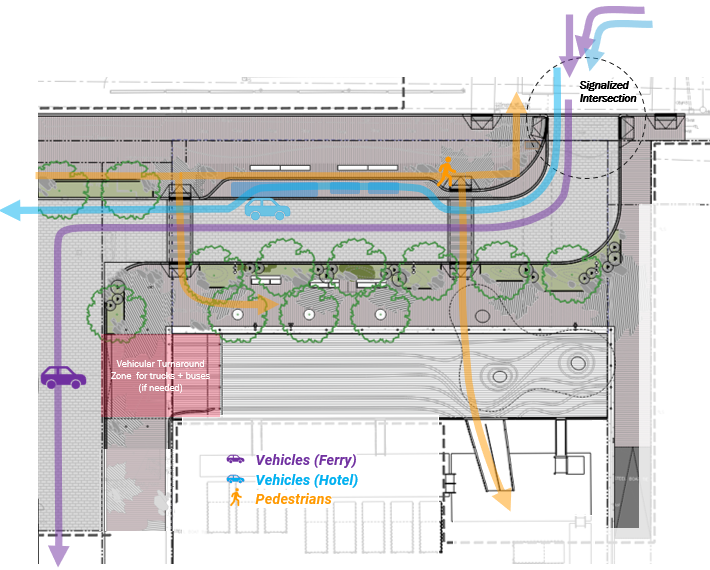 A map showing the scope of work of a future construction site with lanes for vehicles and pedestrians.