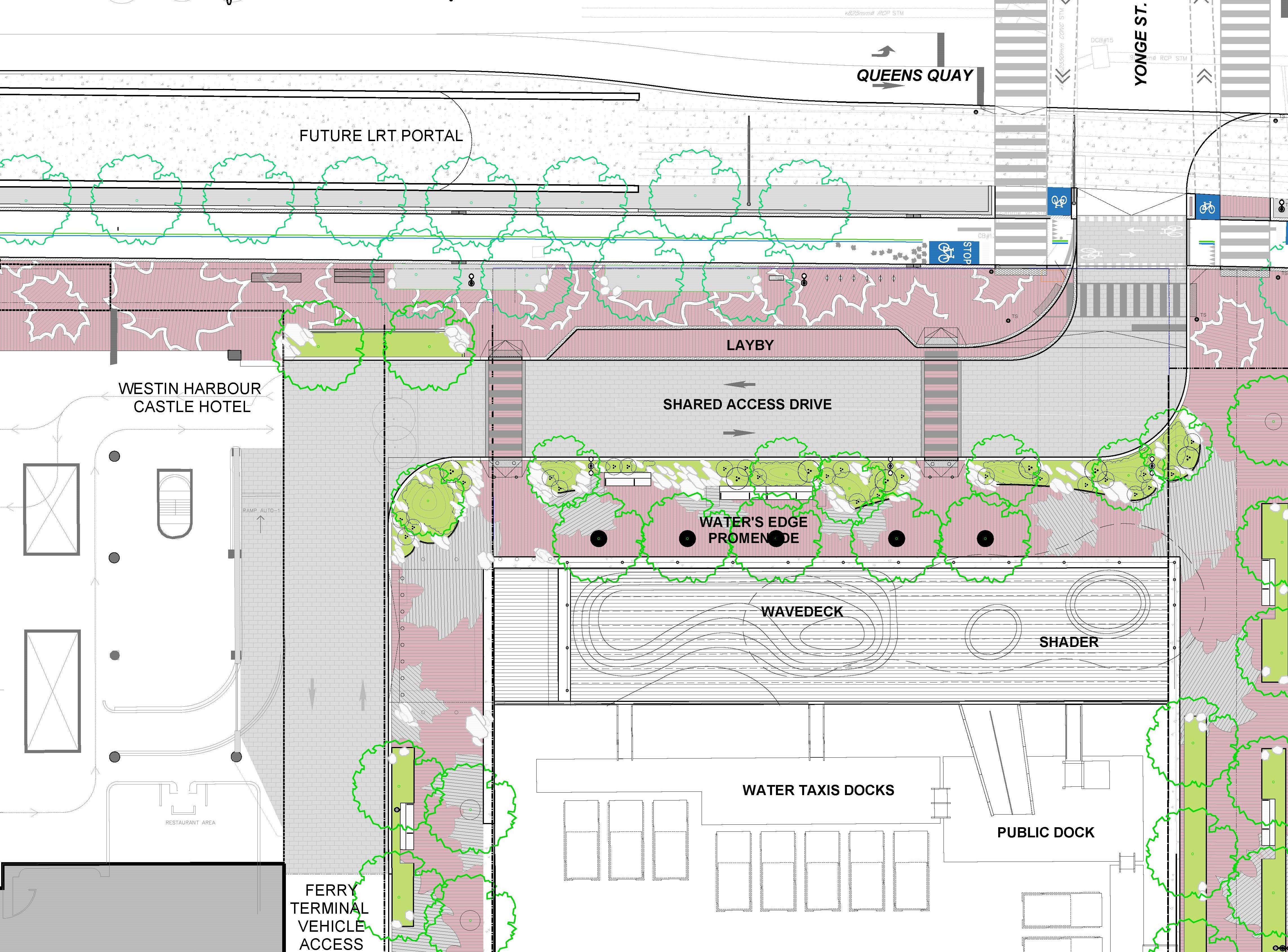 A diagram of design for Yonge Street and Queens Quay East.