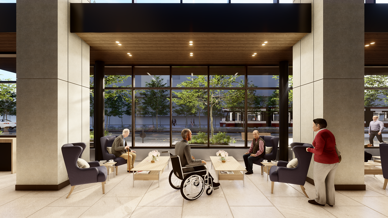 Artist's rendering of Rekai Centres, Campus of Care. Elderly people relaxing indoors in a well light hall by a large glass window.