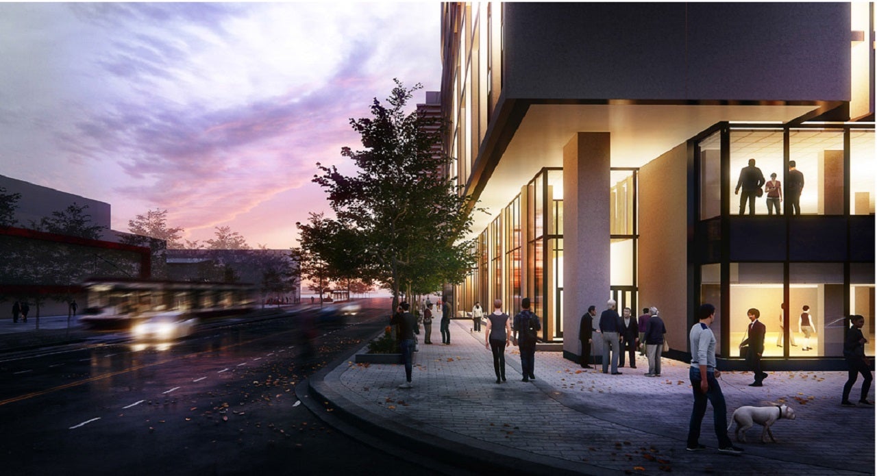 Artist's rendering of an evening at the future Campus of Care at Rekai Centres. People walking around outside the building at twilight. 