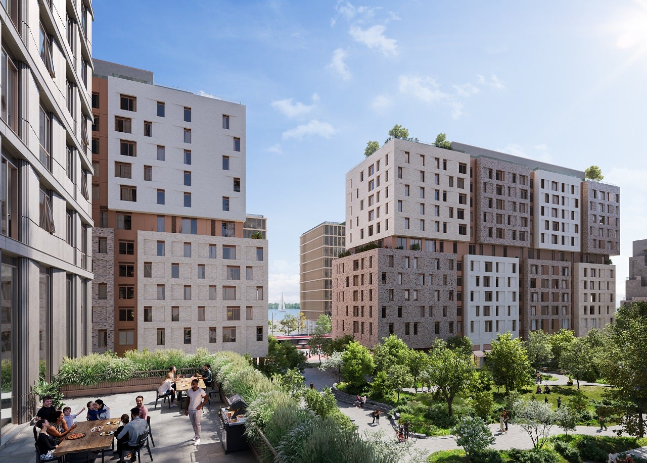 Architectural rendering of a modern urban plaza surrounded by multi-story buildings, featuring people socializing and enjoying the outdoor space.