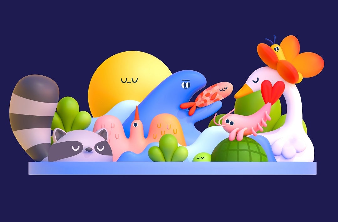 Rendering of Water Wonders artwork with animated wildlife.