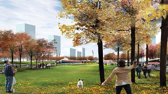 rendering of open green space and people in the park