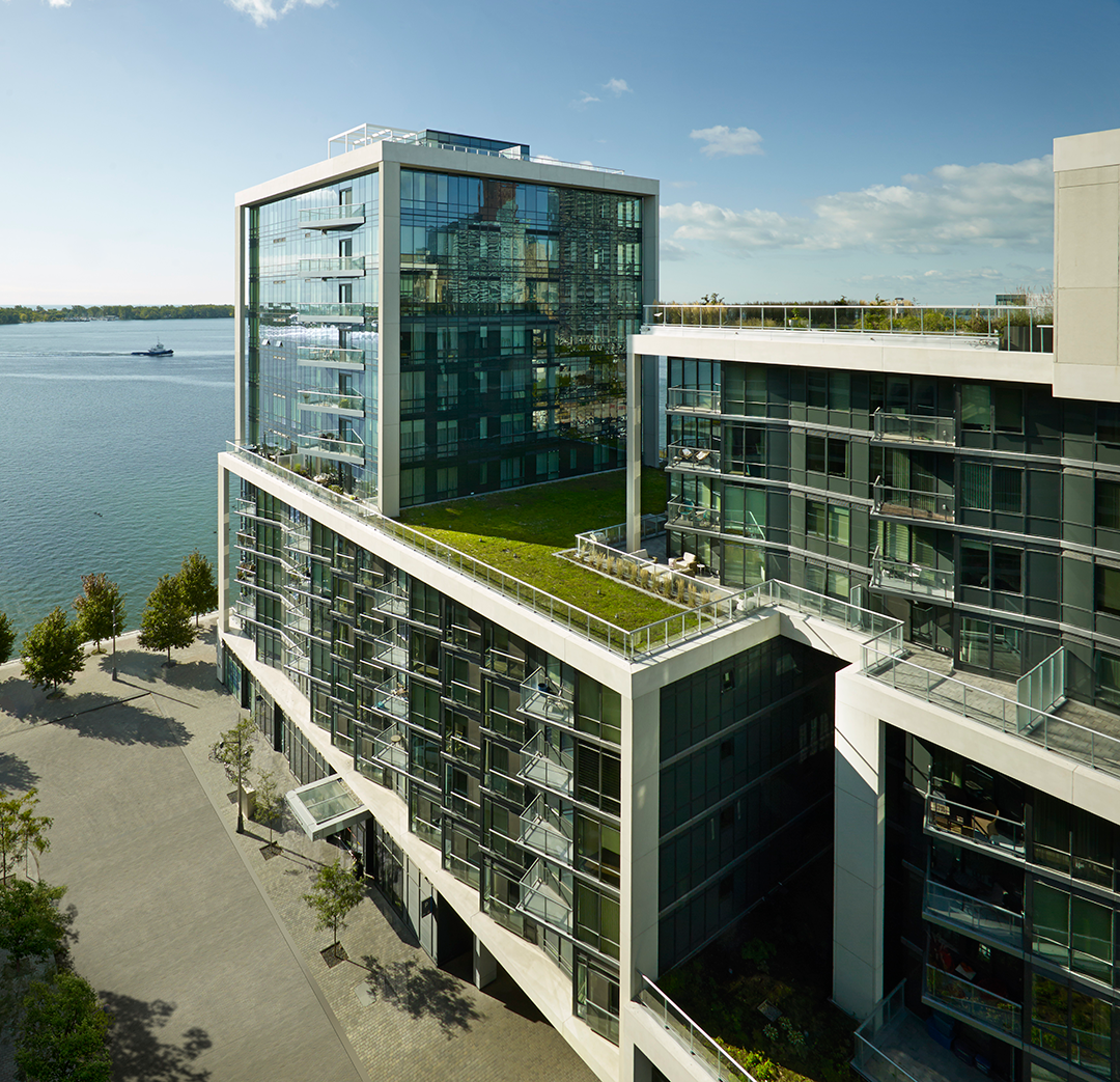 Outside of the new Aqualina development at Bayside next to the water.