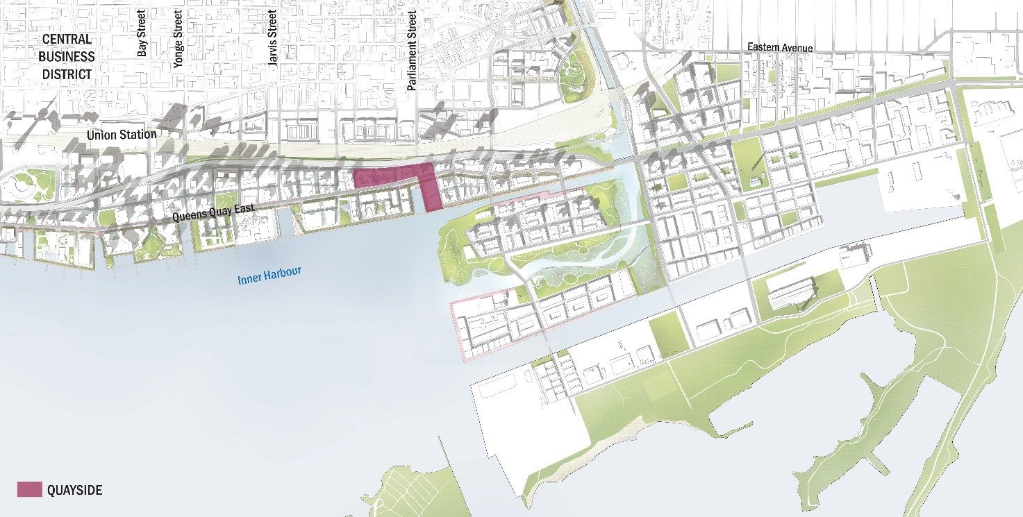 An aerial map of the revitalizated waterfront, with Quayside highlighted in red in the East Bayfront neighbourhood.