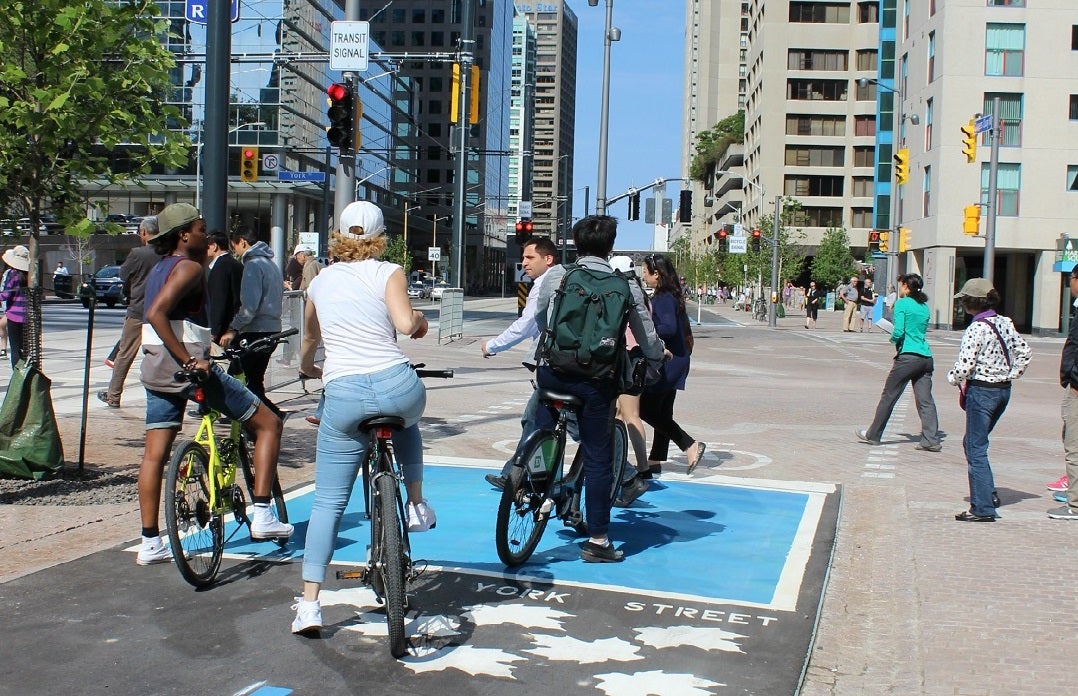 Cyclists stop in the blue boxes on Martin Goodman Trail