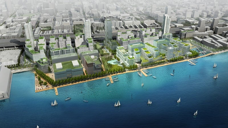 rendering showing aerial view of the waterfront