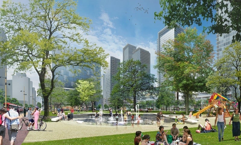 An artist's rendering showing a large neighbourhood park in the Lower Yonge precinct.