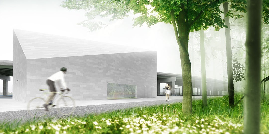A rendering of a bicyclist passing the new stormwater facility