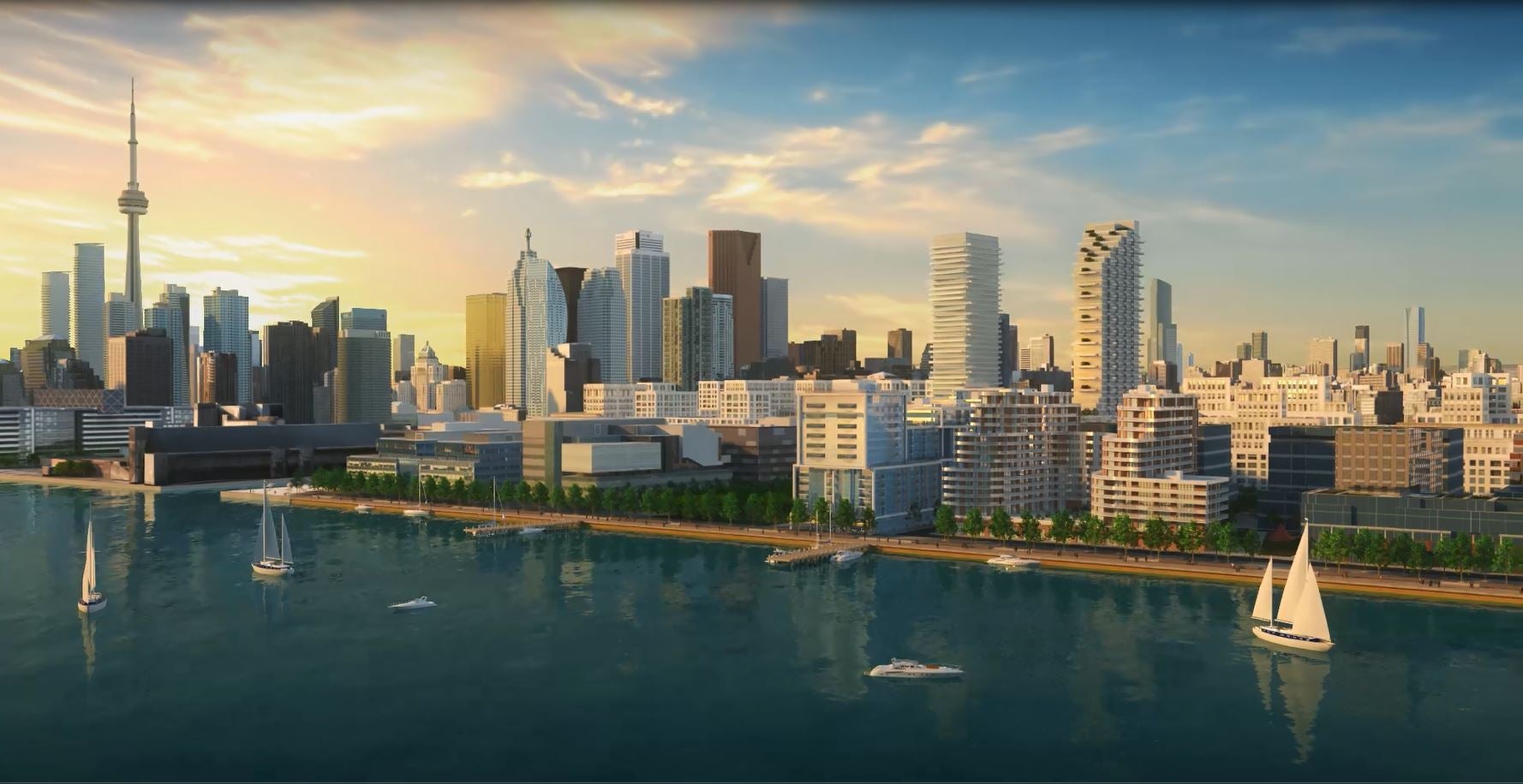 Rendering of an aerial of the revitalized East Bayfront.