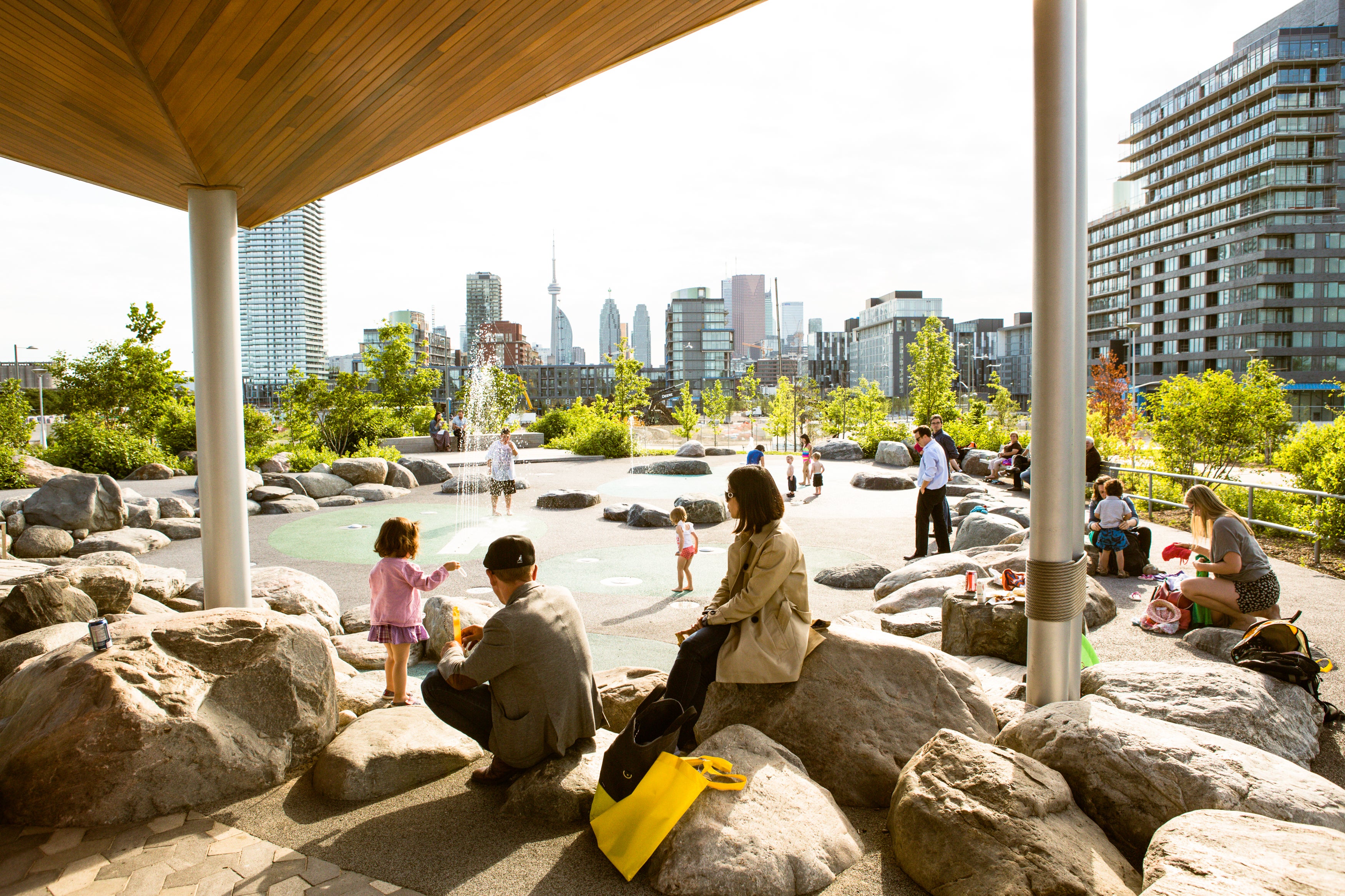 View of downtown Toronto from pavilion at Corktown Common