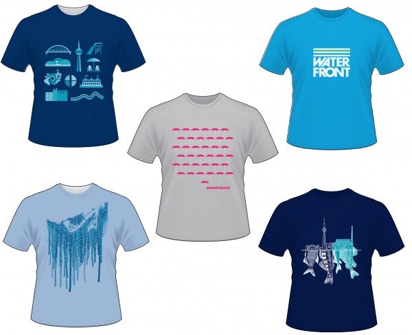 Five different t-shirt designs that incorporate representative elements of Toronto's waterfront.