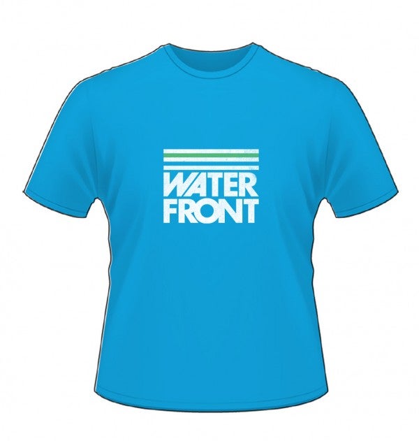 bright blue t-shirt with the words Water Front.