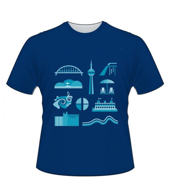 royal blue t-shirt with iconic Toronto waterfront landmarks