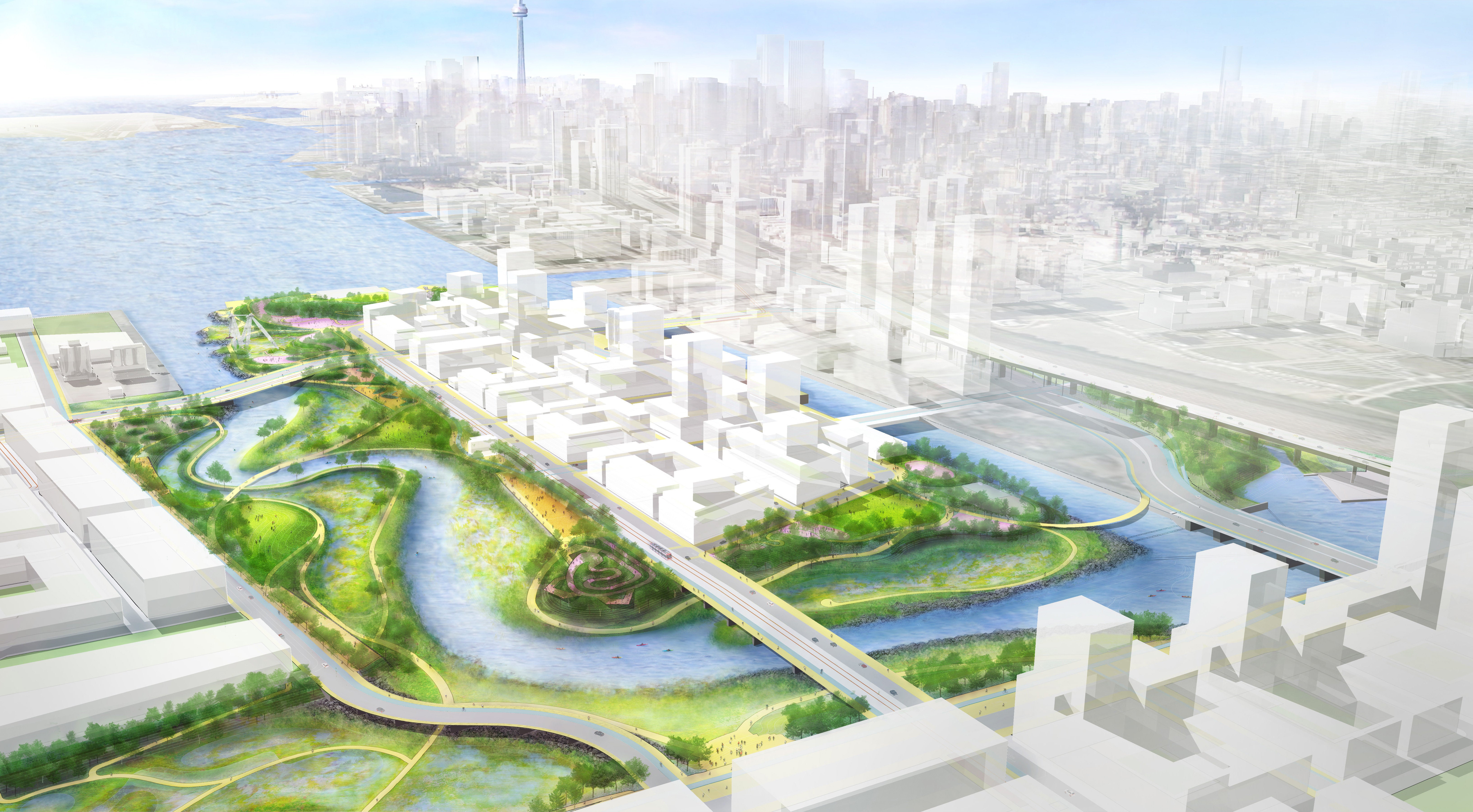Aerial rendering of the future Villiers Island.