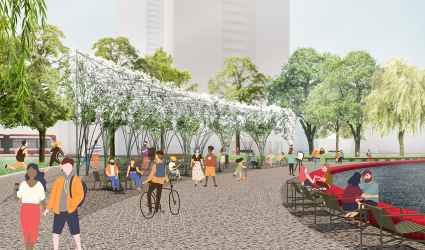 rendering of Love Park showing a Trellis Vine planting that will serve as a natural shade for visitors to the park. 
